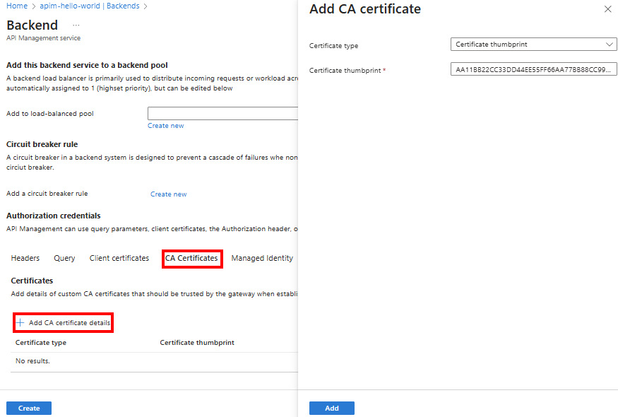 Captura de pantalla de la configuración de los detalles del certificado de CA para un back-end en el portal.