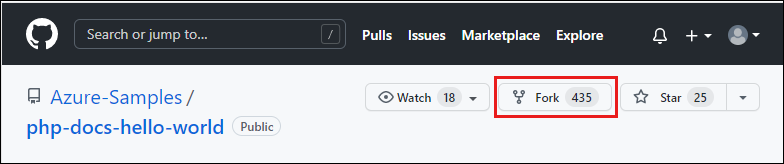 Captura de pantalla del repositorio Azure-Samples/php-docs-hello-world de GitHub, con la opción 