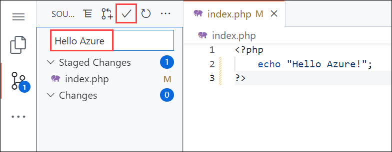 Captura de pantalla de Visual Studio Code en el explorador, panel Control de código fuente con un mensaje de confirmación de 