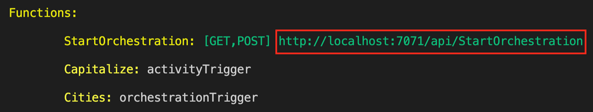 Captura de pantalla de la salida del terminal que muestra la dirección URL del punto de conexión HTTP para el entorno de ejecución de Azure Functions local.