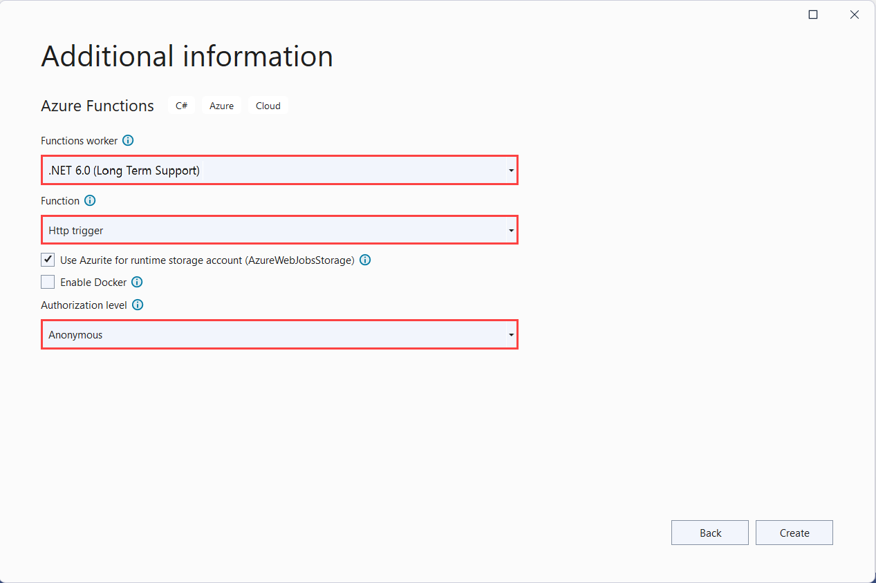 Captura de pantalla de la configuración del proyecto de Azure Functions