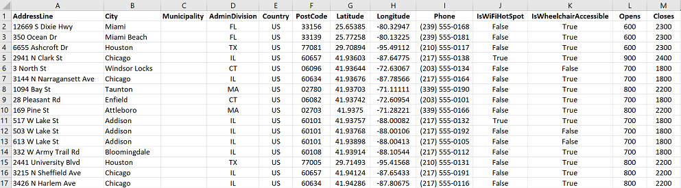 Captura de pantalla de los datos del localizador de tiendas en un libro de Excel.