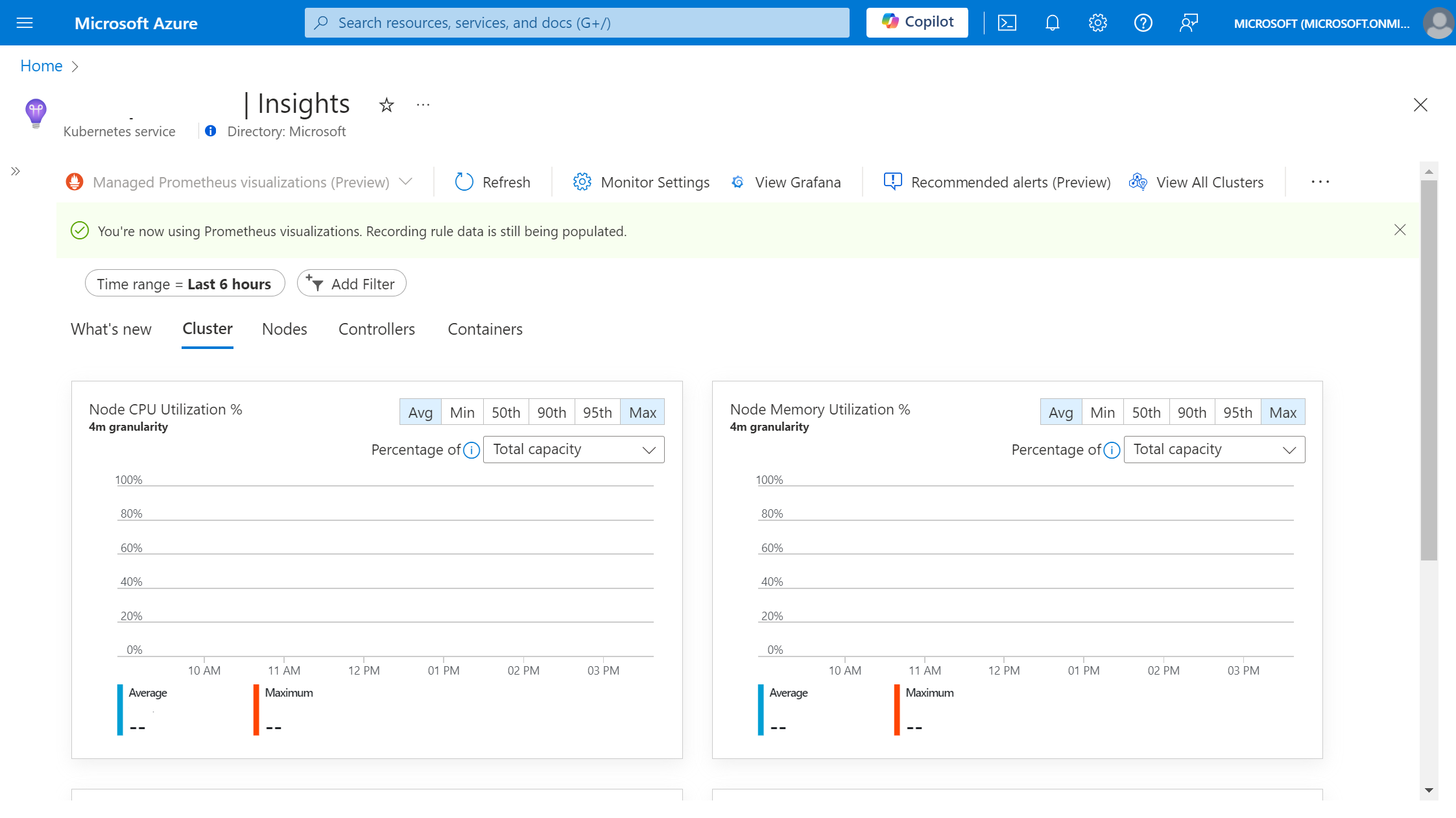 Captura de pantalla del clúster de AKS con Container Insights basado en Prometheus, con el banner de regla de grabación.