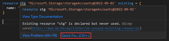 Captura de pantalla de la corrección rápida de la regla linter no existente sin usar.