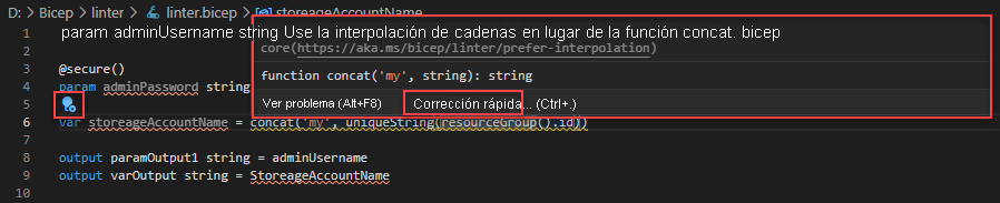 Uso de Bicep linter en Visual Studio Code: mostrar la corrección rápida