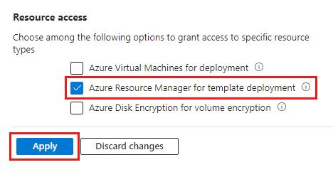 Captura de pantalla de la configuración de acceso del almacén de claves que habilita Azure Resource Manager para la implementación de plantillas.