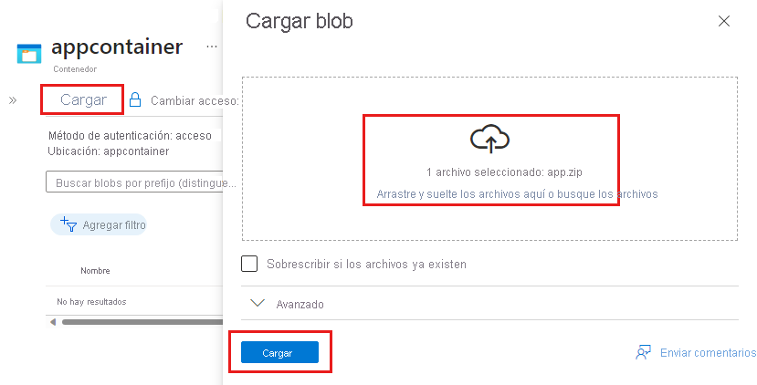 Captura de pantalla del appcontainer para cargar el archivo ZIP en la cuenta de almacenamiento.