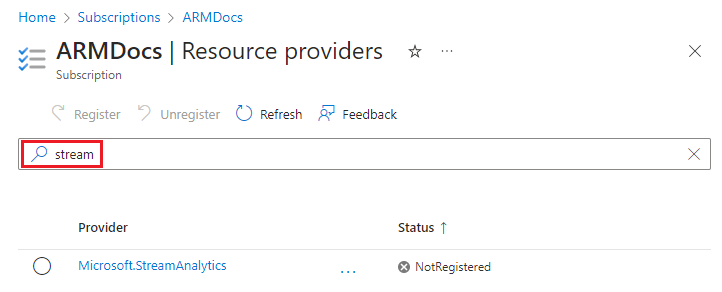 Captura de pantalla de la búsqueda de proveedores de recursos en Azure Portal.