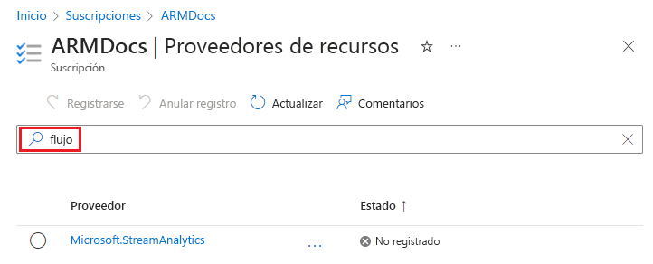 Captura de pantalla de la búsqueda de proveedores de recursos en Azure Portal.