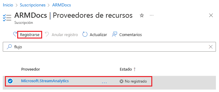 Captura de pantalla del registro de un proveedor de recursos en Azure Portal.