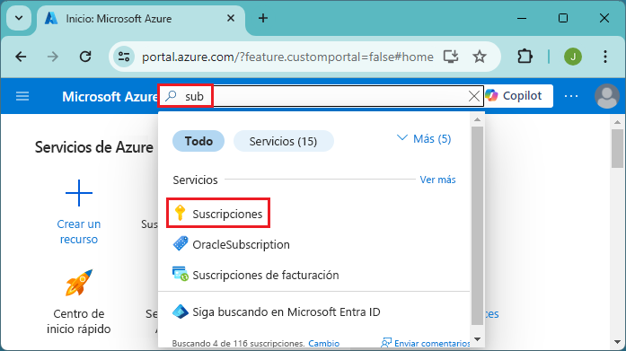 Captura de pantalla de la búsqueda de suscripciones en Azure Portal.