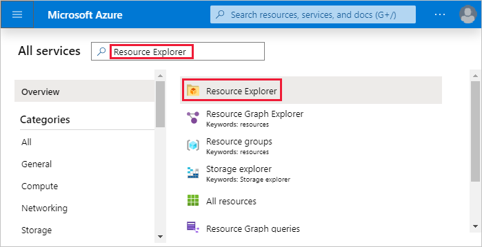 Captura de pantalla de la selección Todos los servicios en Azure Portal para acceder al Explorador de recursos.