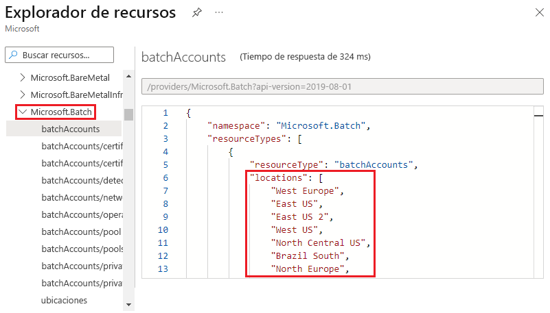 Captura de pantalla que muestra las ubicaciones válidas de un tipo de recurso en Azure Resource Explorer.