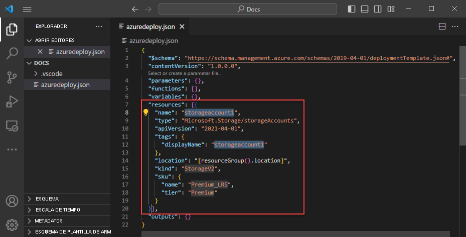 Screenshot showing an Azure Storage resource in an ARM template.