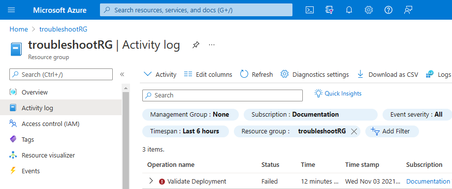 Captura de pantalla del registro de actividad del grupo de recursos de Azure que muestra una entrada de error previo con un icono de signo de exclamación rojo.