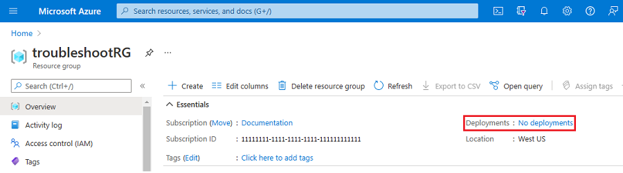 Captura de pantalla de la página de información general del grupo de recursos de Azure que muestra una sección vacía del historial de implementación debido a un error previo.