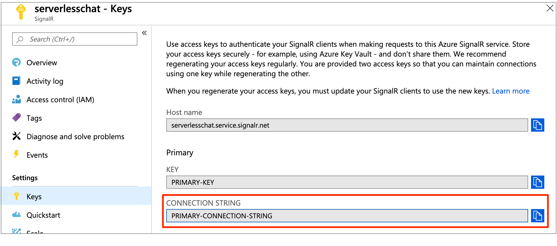 Captura de pantalla de la página de claves del servicio Azure SignalR.