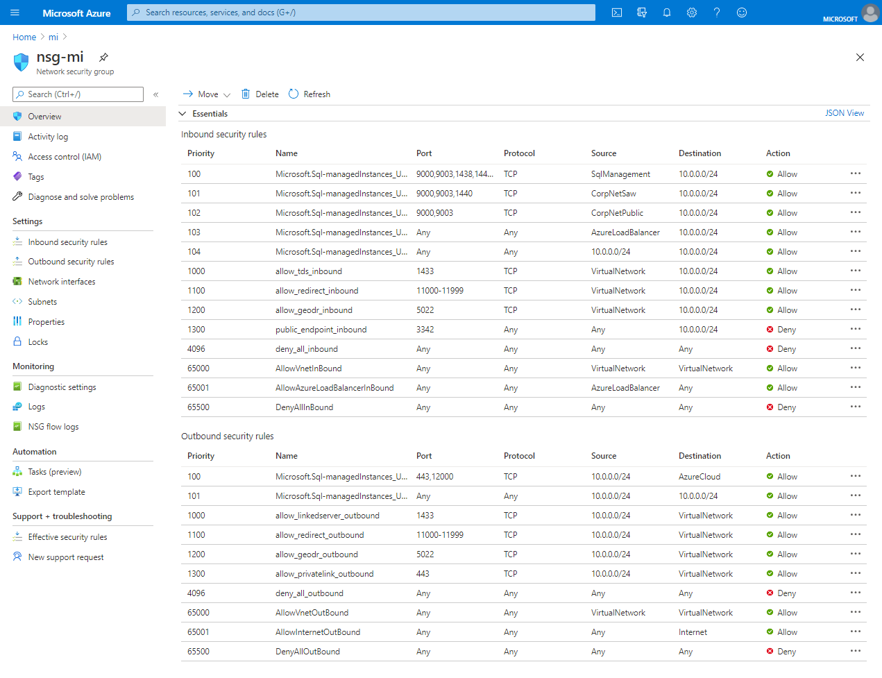 Captura de pantalla de las reglas de seguridad para la instancia en el Azure Portal.
