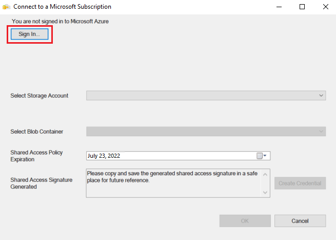 Captura de pantalla del cuadro de diálogo Conectar a una suscripción de Microsoft. El botón Iniciar sesión está destacado.