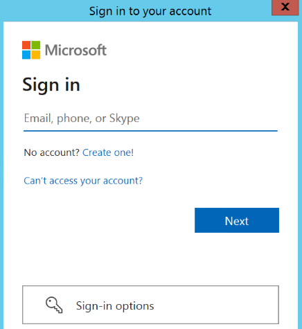 Captura de pantalla del cuadro de diálogo Iniciar sesión en la cuenta. El logotipo de Microsoft, un cuadro de inicio de sesión y otros elementos de la interfaz de usuario son visibles.