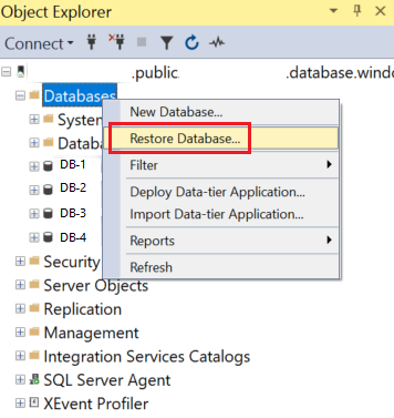 Captura de pantalla de Object Explorer en SSMS. La carpeta Bases de datos está seleccionada. En su menú contextual, restaurar base de datos está seleccionada.