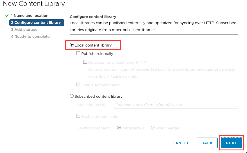 Captura de pantalla que muestra la opción Biblioteca de contenido local seleccionada para la nueva biblioteca de contenido.