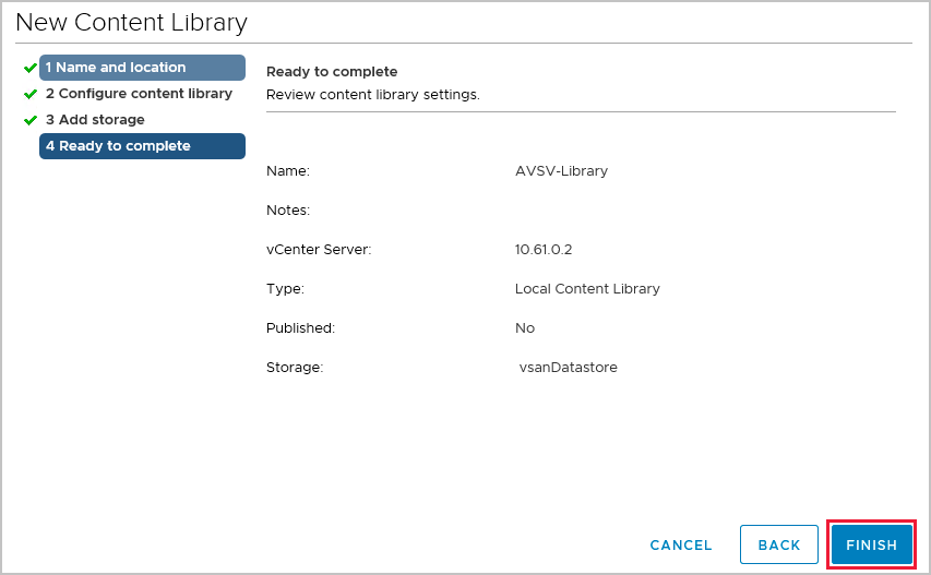 Captura de pantalla que muestra la configuración de la nueva biblioteca de contenido.