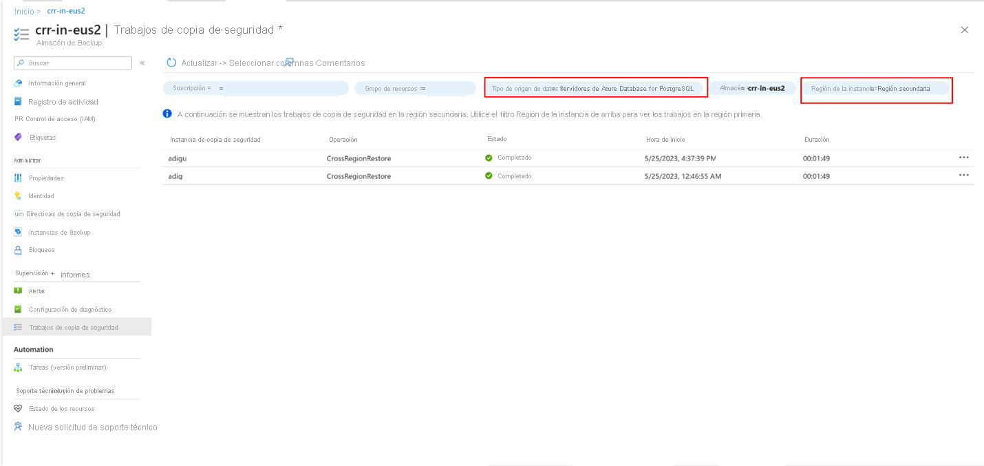 Screenshot shows how to monitor the postgresql restore to the secondary region.