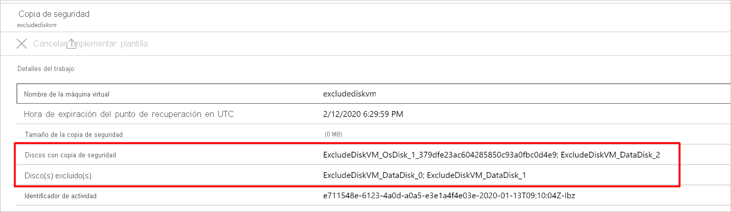 Captura de pantalla que muestra los discos incluidos y excluidos en el panel Detalles del trabajo.