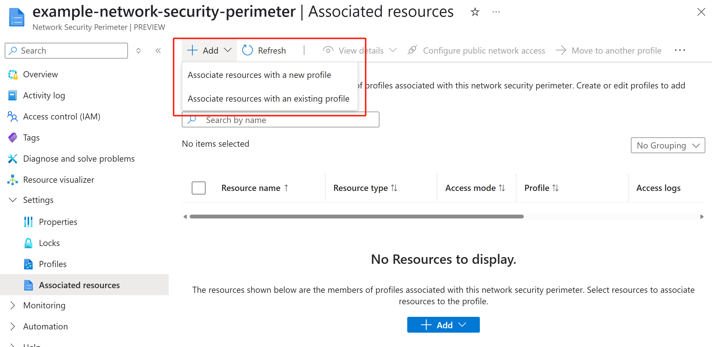Captura de pantalla de la asociación de recursos con un perfil nuevo o existente en el portal.