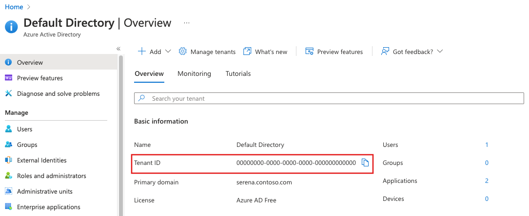 Captura de pantalla de cómo copiar el identificador de inquilino de Microsoft Entra y almacenarlo.
