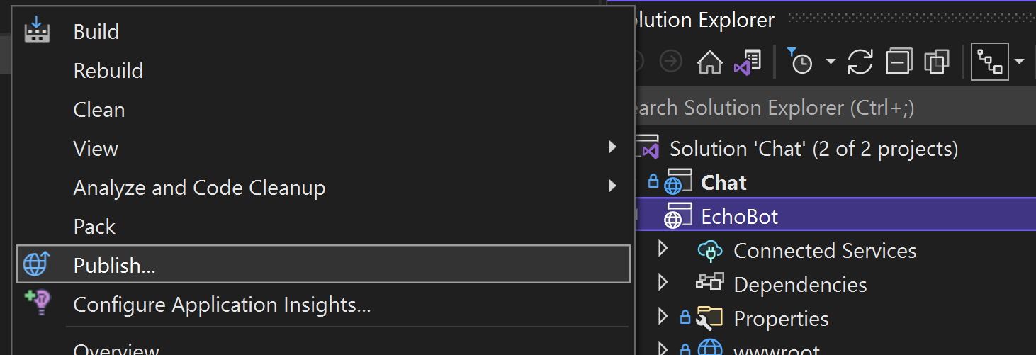 Recorte de pantalla que muestra la publicación de la aplicación web desde Visual&nbsp;Studio.