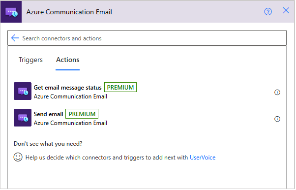 Captura de pantalla que muestra la acción Enviar corroe electrónico del conector de correo electrónico de Azure Communication Services.