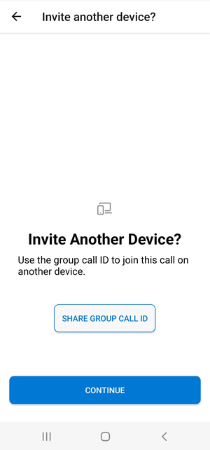 Captura de pantalla que muestra la pantalla de compartir el ID de llamada de grupo de la aplicación de ejemplo.