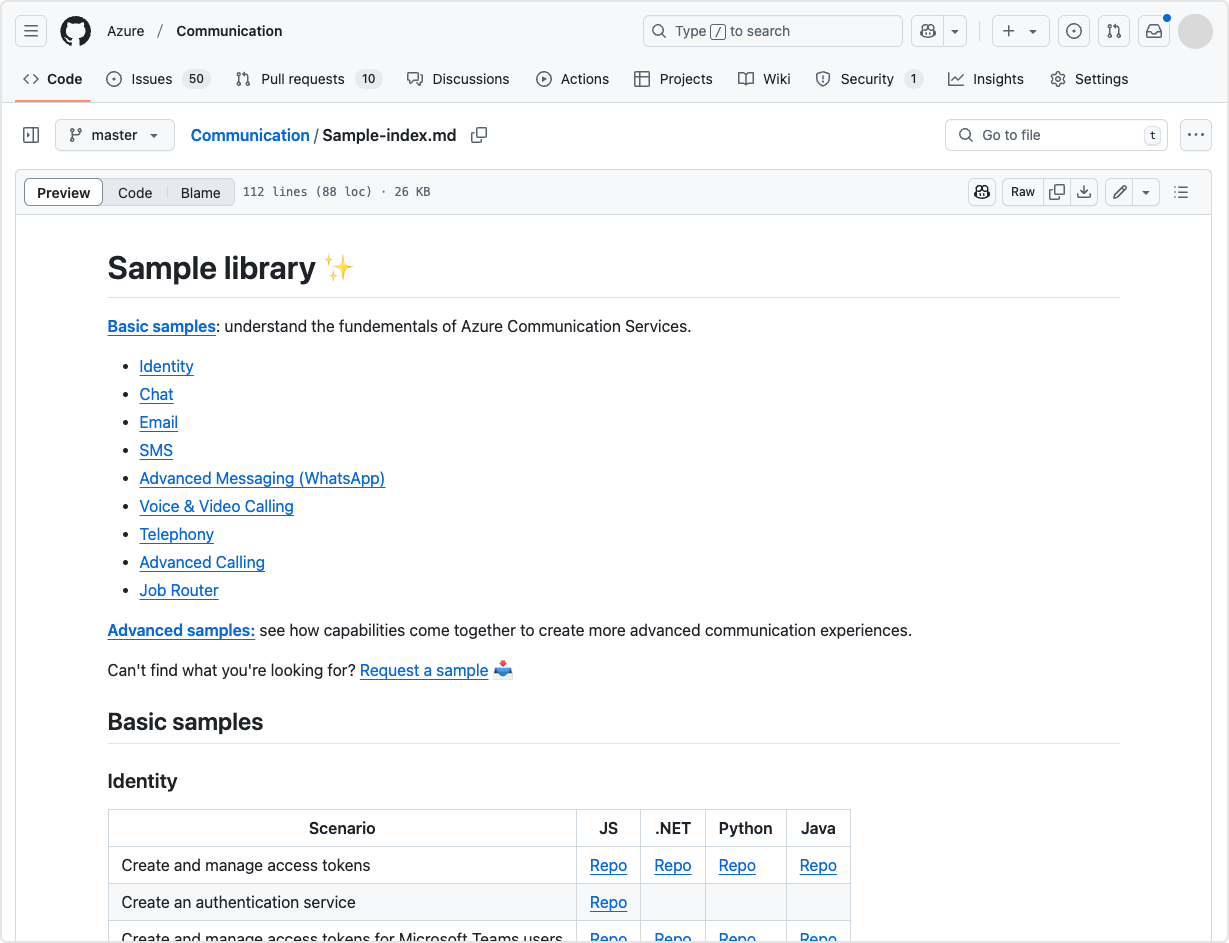 Captura de pantalla de la biblioteca de ejemplo de Azure Communication Services
