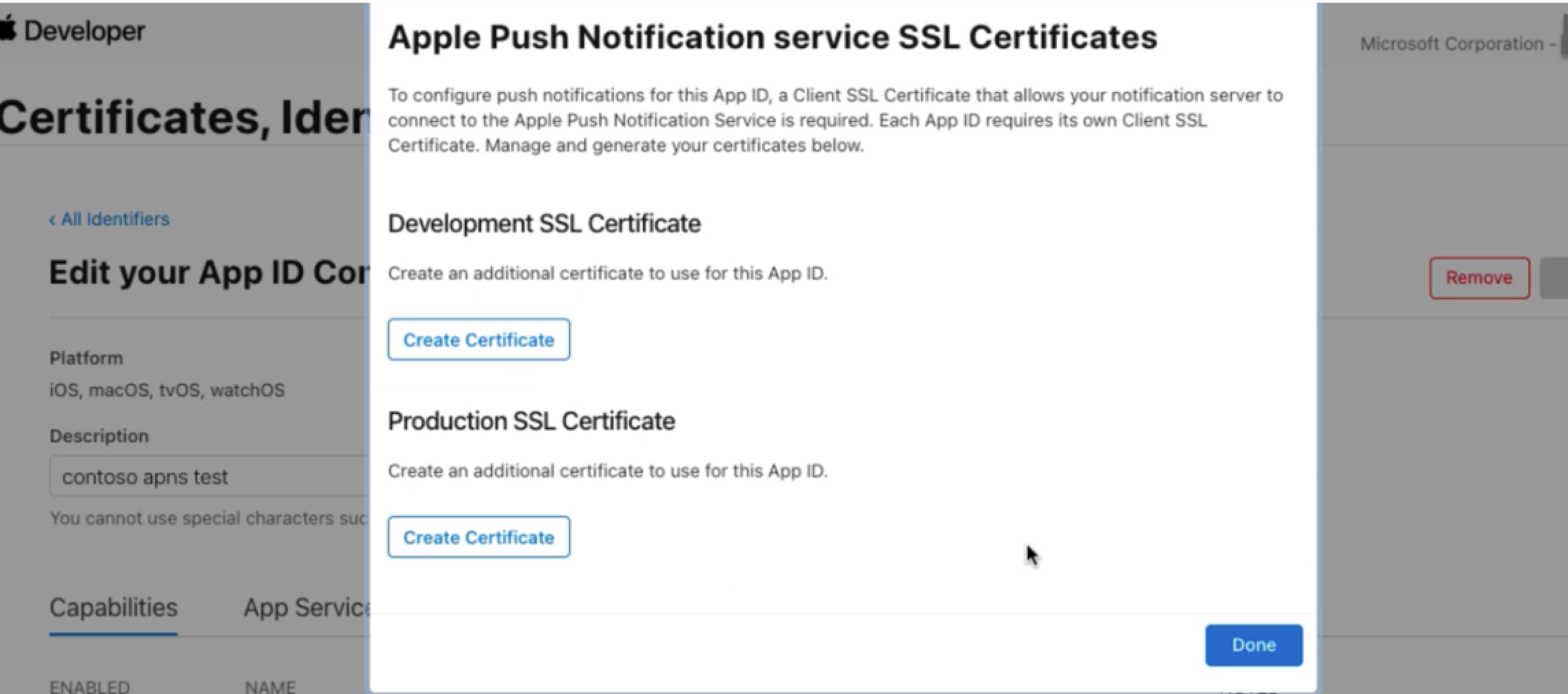 Captura de pantalla en la que se muestran las opciones para crear un certificado de desarrollo o un certificado de producción.