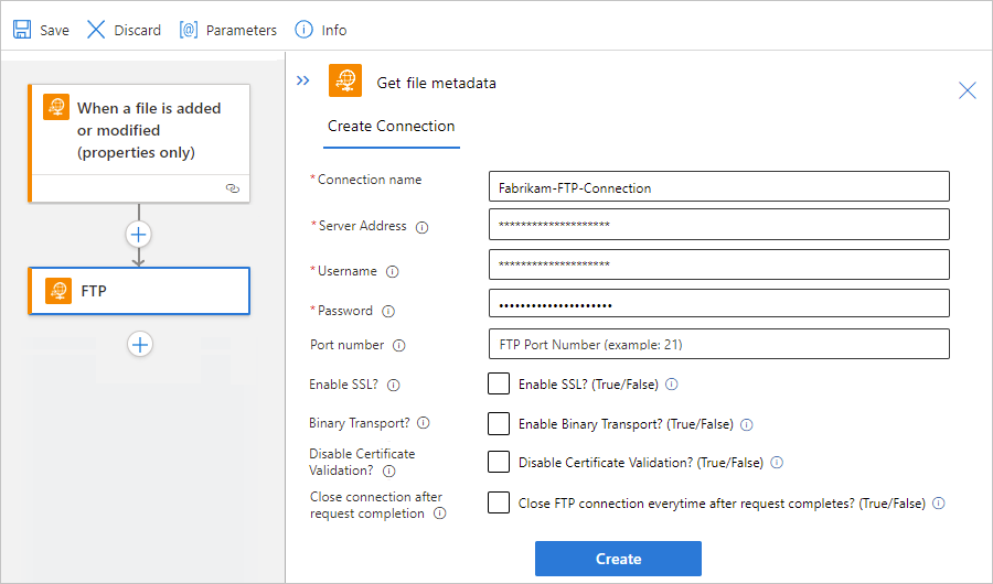 Captura de pantalla que muestra el diseñador de flujos de trabajo con la acción del conector administrado por FTP con información de conexión.