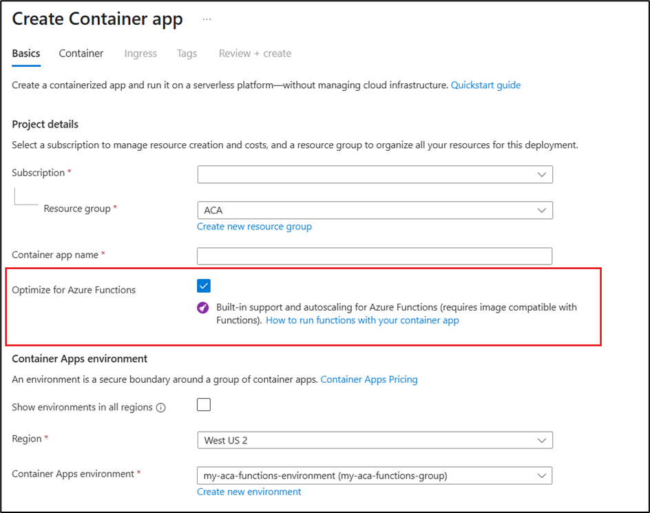 Screenshot del portal de Azure al crear una aplicación contenedora preconfigurada para Azure Functions.