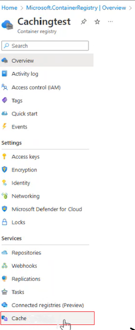 Captura de pantalla de la caché del Registro en Azure Portal