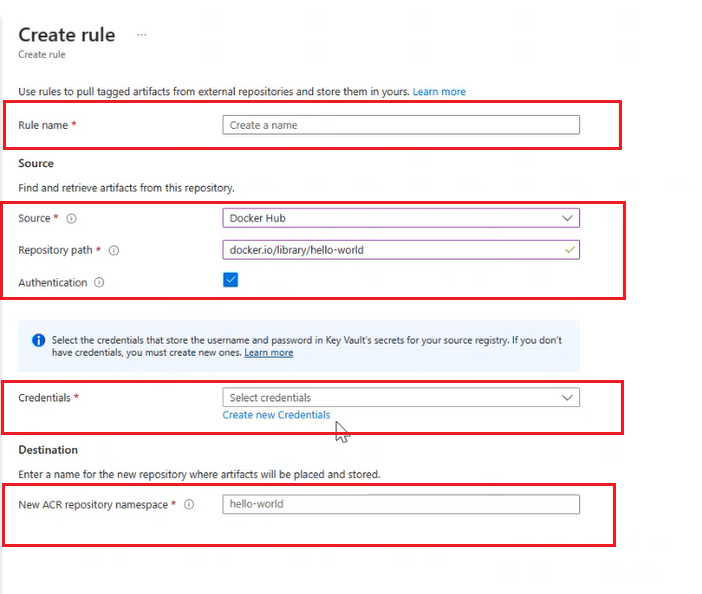Captura de pantalla de la nueva regla de caché con autenticación en Azure Portal