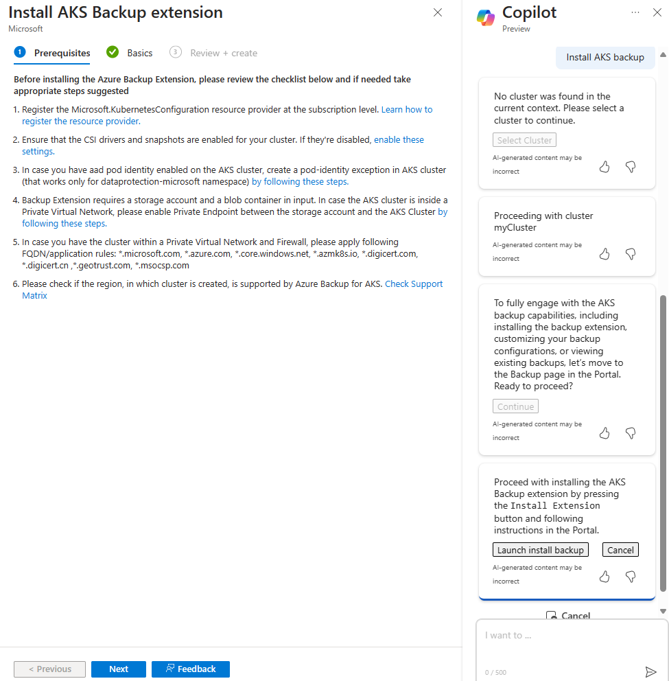 Captura de pantalla en la que se muestra cómo Microsoft Copilot en Azure inicia el proceso de instalación de la extensión de copia de seguridad para un clúster de AKS.