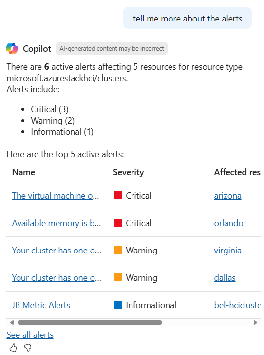 Captura de pantalla que muestra Azure Copilot que resume las alertas activas.