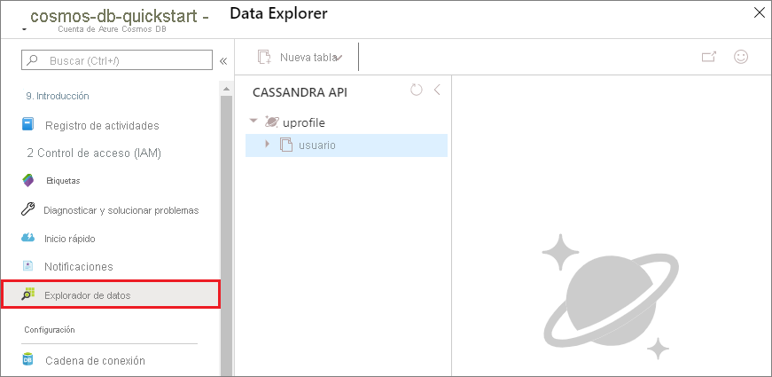 Captura de pantalla que muestra la página Data Explorer, donde puede ver los datos.