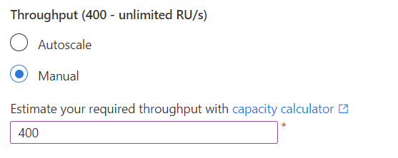 Captura de pantalla de la configuración de rendimiento de la base de datos reducida a 400 RU/s.