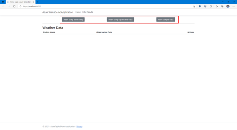 Captura de pantalla de la aplicación que muestra la ubicación de los botones usados para insertar datos en Azure Cosmos DB con API for Table.