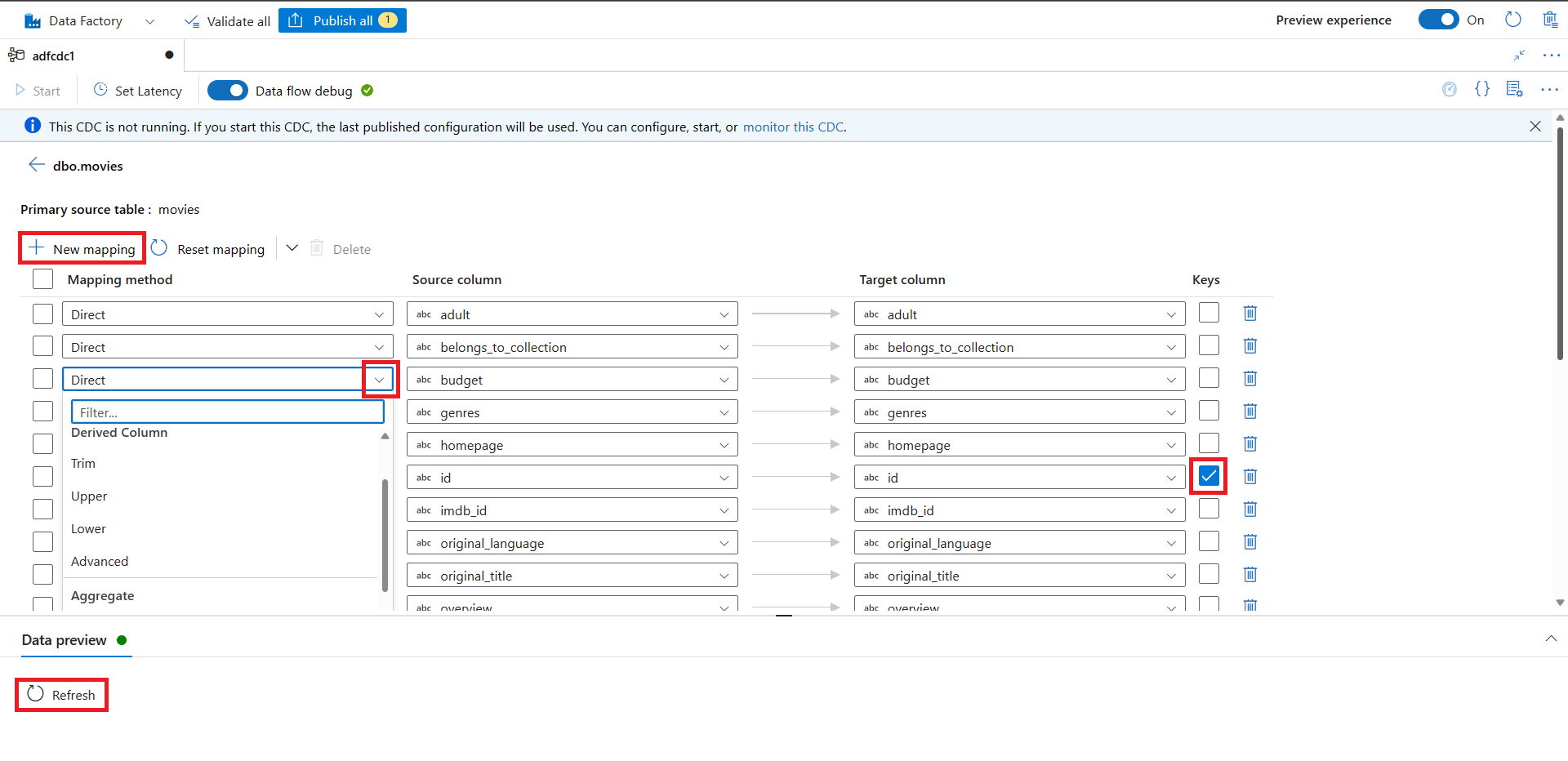 Captura de pantalla del botón para agregar asignaciones de columna, la lista desplegable para los métodos de asignación, la columna Claves y el botón Actualizar.
