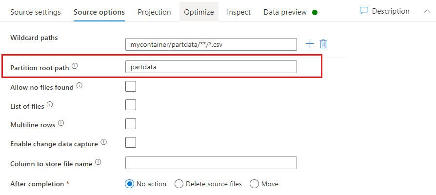 Captura de pantalla de la configuración del archivo de origen de partición en la transformación del origen del flujo de datos de asignación.