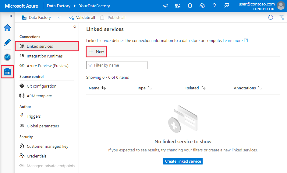 Captura de pantalla de la creación de un nuevo servicio vinculado con la interfaz de usuario de Azure Data Factory.