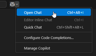 Recorte de pantalla que muestra el menú Alternar chat abierto y seleccionando la opción de menú Abrir chat.