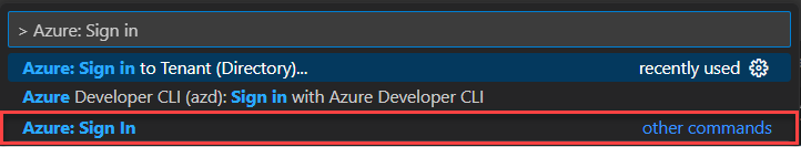 Captura de pantalla que muestra cómo iniciar sesión en Azure en Visual Studio Code.